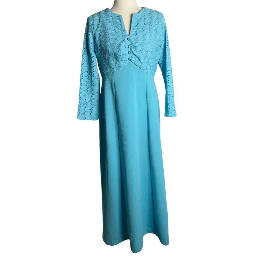 Vintage 60s Empire Waist Maxi Dress M Blue Lace Long Sleeves V Neck
